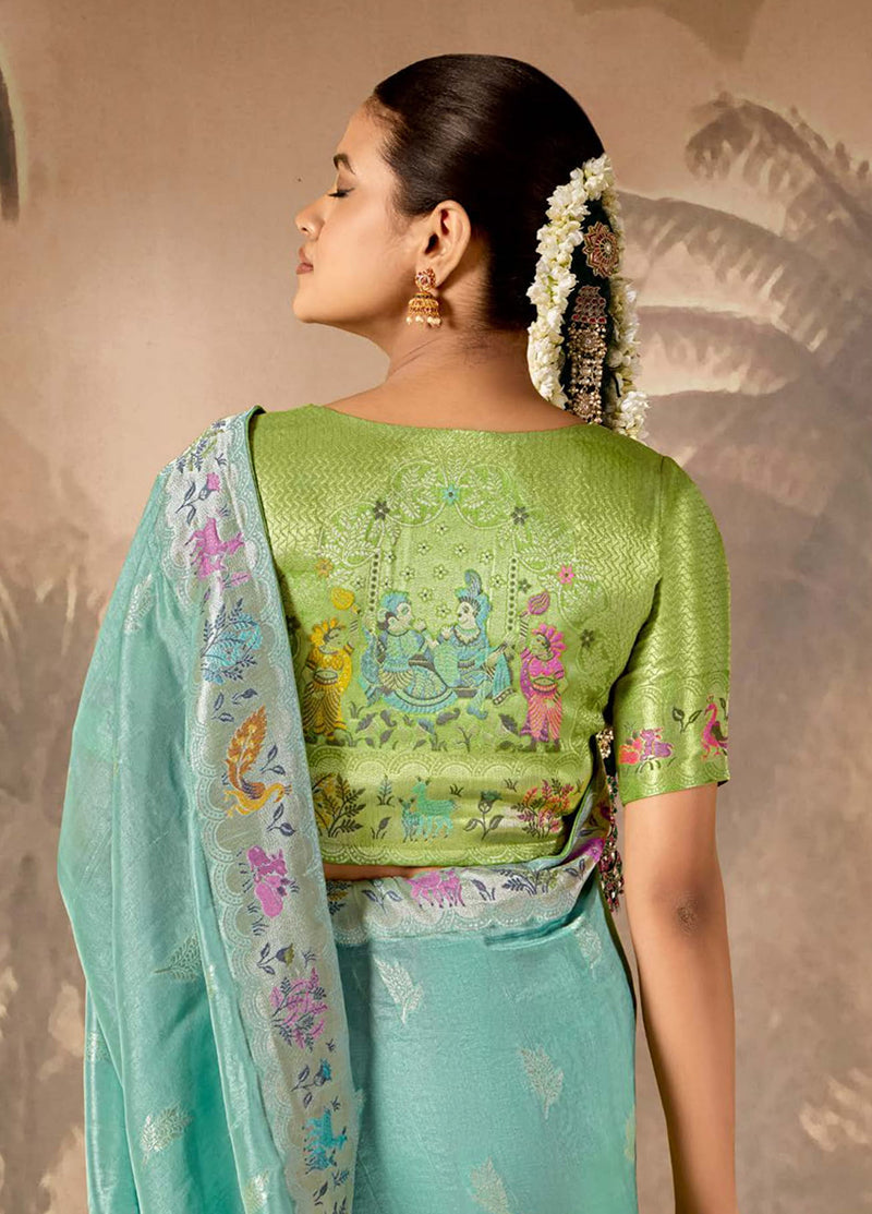 Monjolika Fashion Silk Floral Pattern Zari Work Aqua Blue Contemporary Saree | Grocsy