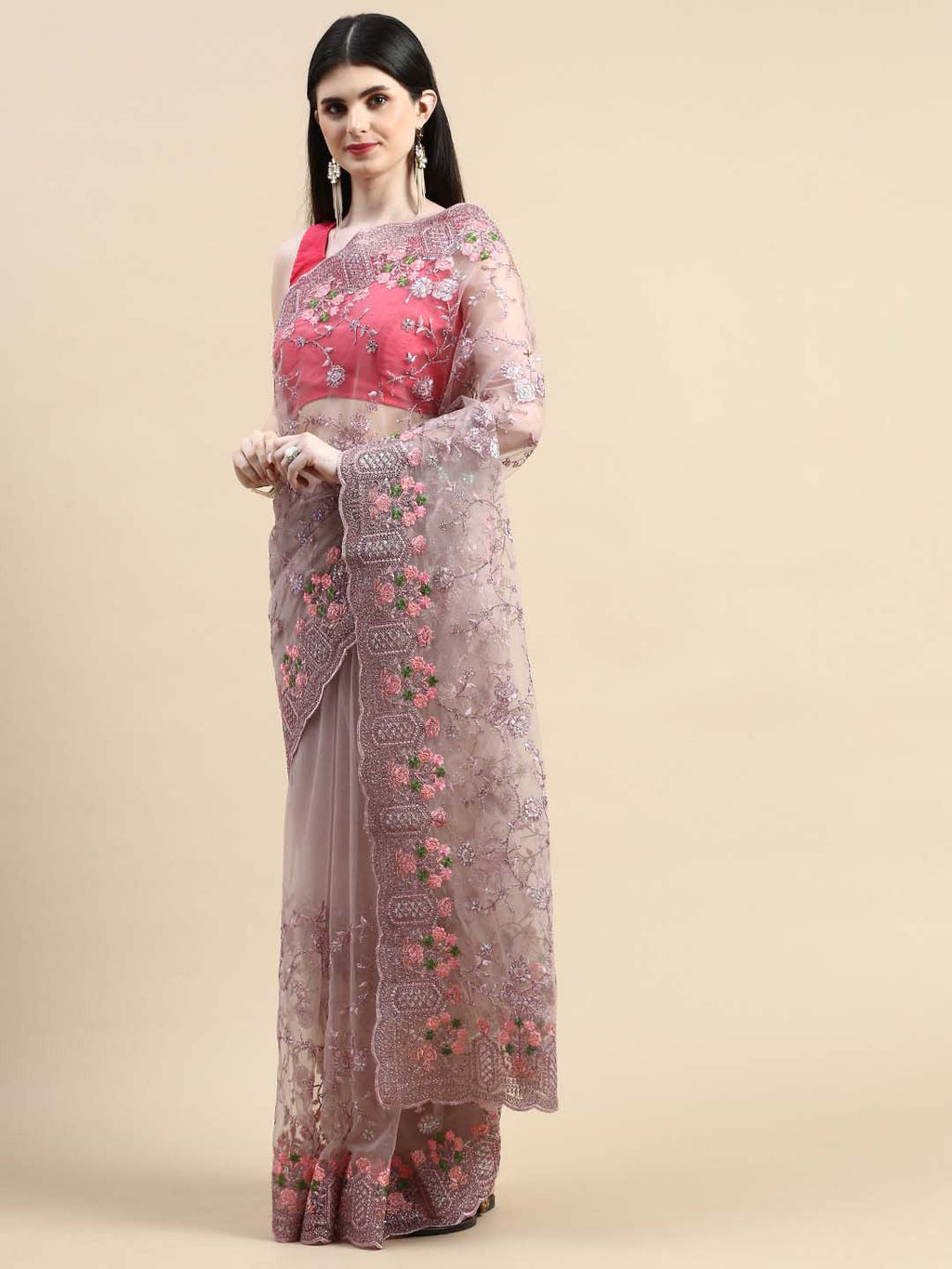 kasee Floral Embroidered Zari Net Saree | Grocsy