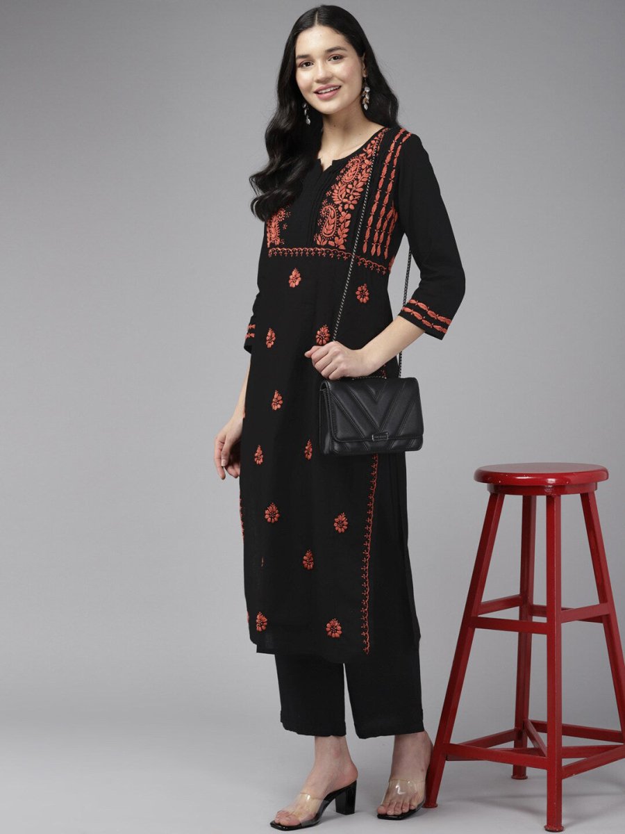 ADA Ethnic Motifs Embroidered Chikankari Cotton Straight Kurta | Grocsy