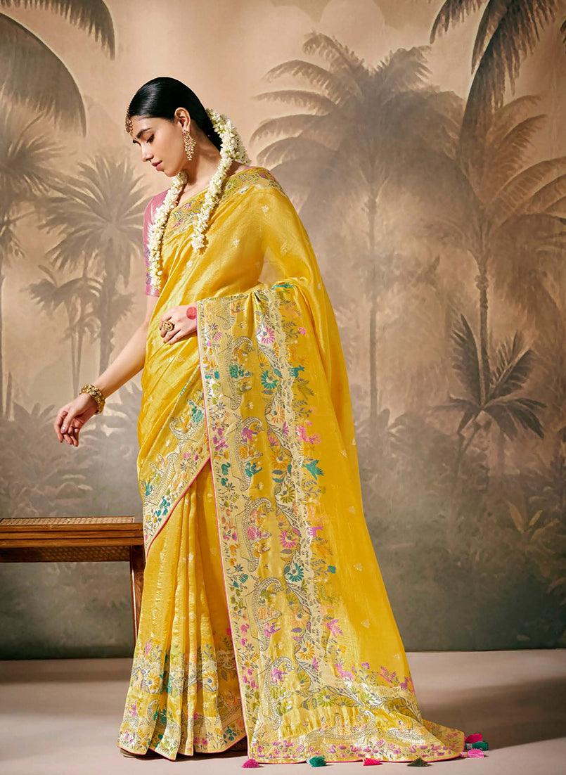 Monjolika Fashion Silk Floral Pattern Zari Work Mustard Contemporary Saree | Grocsy