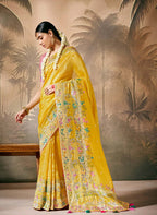 Monjolika Fashion Silk Floral Pattern Zari Work Mustard Contemporary Saree | Grocsy