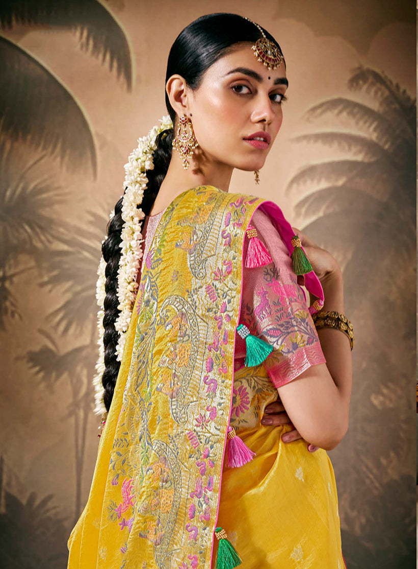 Monjolika Fashion Silk Floral Pattern Zari Work Mustard Contemporary Saree | Grocsy