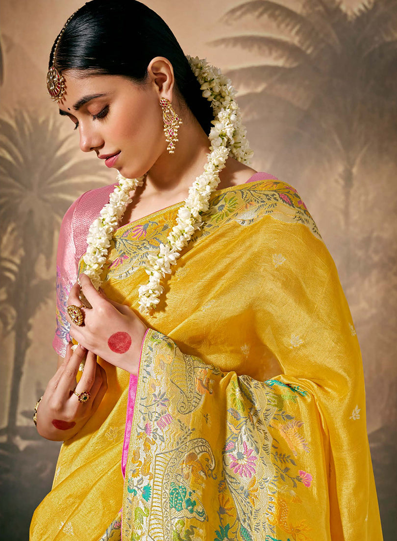 Monjolika Fashion Silk Floral Pattern Zari Work Mustard Contemporary Saree | Grocsy