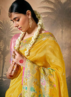 Monjolika Fashion Silk Floral Pattern Zari Work Mustard Contemporary Saree | Grocsy