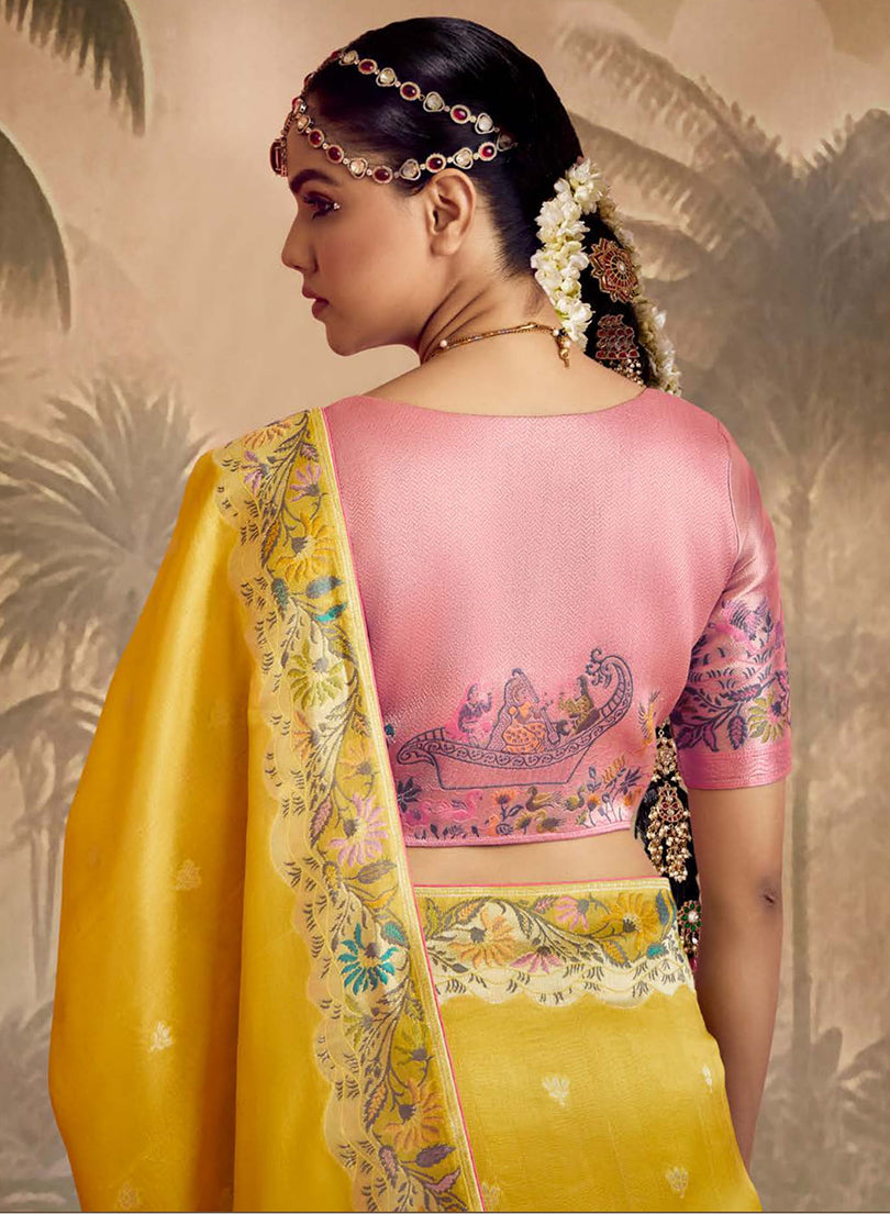 Monjolika Fashion Silk Floral Pattern Zari Work Mustard Contemporary Saree | Grocsy