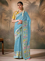 Monjolika Fashion Silk Floral Pattern Zari Work Sky Blue Contemporary Saree | Grocsy