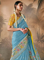 Monjolika Fashion Silk Floral Pattern Zari Work Sky Blue Contemporary Saree | Grocsy