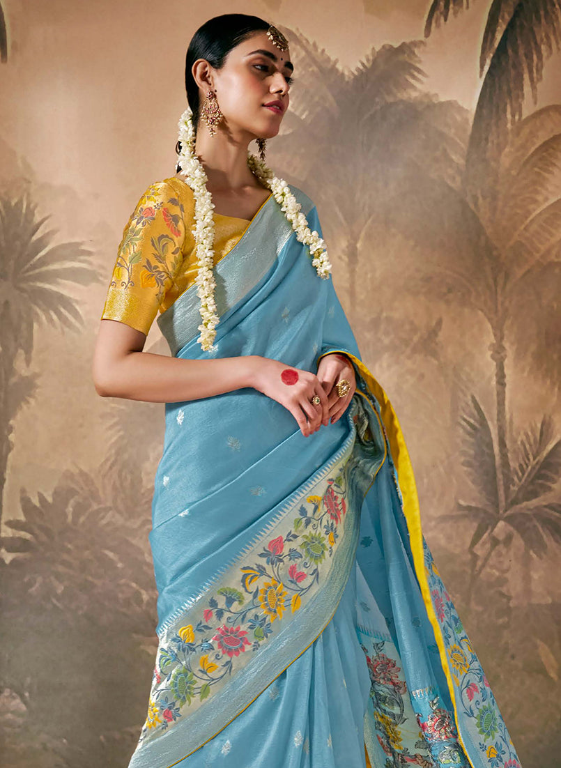Monjolika Fashion Silk Floral Pattern Zari Work Sky Blue Contemporary Saree | Grocsy