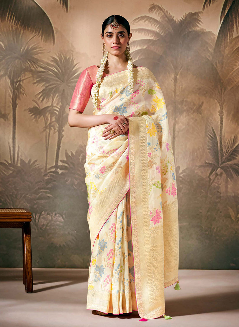 Monjolika Fashion Silk Floral Pattern Zari Work Cream Contemporary Saree | Grocsy