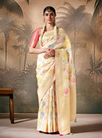 Monjolika Fashion Silk Floral Pattern Zari Work Cream Contemporary Saree | Grocsy
