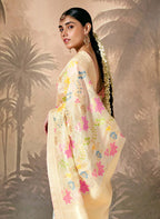 Monjolika Fashion Silk Floral Pattern Zari Work Cream Contemporary Saree | Grocsy