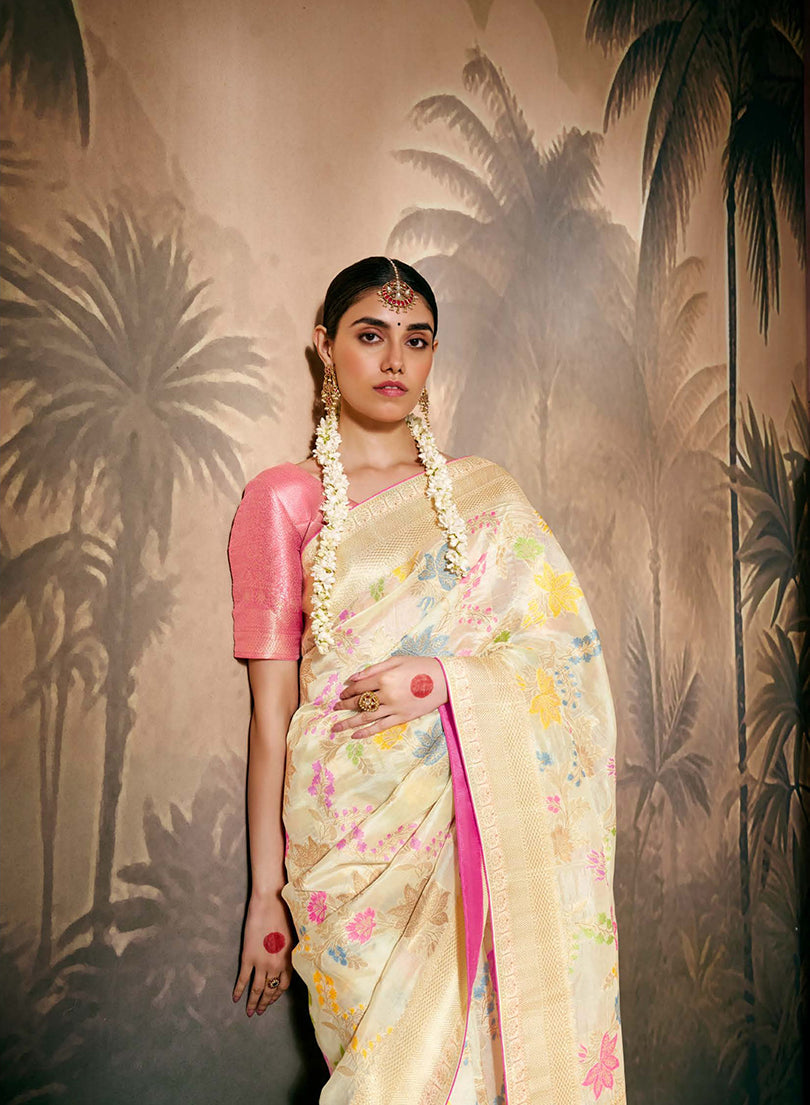 Monjolika Fashion Silk Floral Pattern Zari Work Cream Contemporary Saree | Grocsy