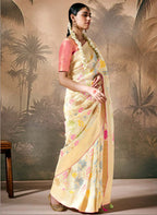 Monjolika Fashion Silk Floral Pattern Zari Work Cream Contemporary Saree | Grocsy
