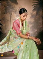 Monjolika Fashion Silk Floral Pattern Zari Work Light Green Contemporary Saree | Grocsy