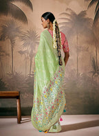 Monjolika Fashion Silk Floral Pattern Zari Work Light Green Contemporary Saree | Grocsy