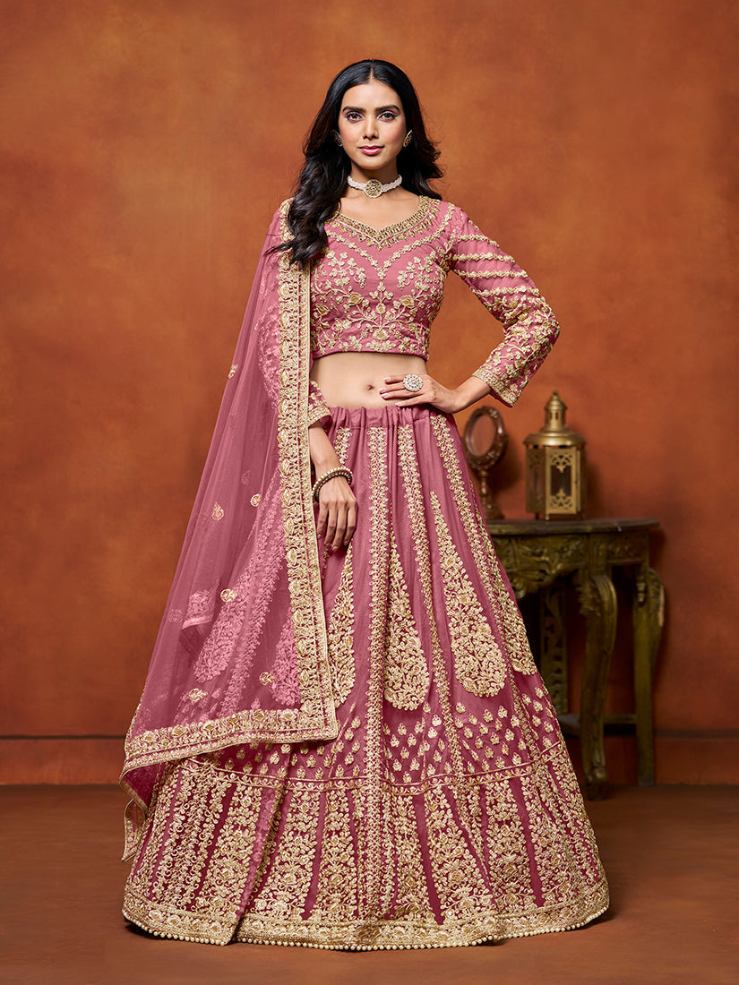 Monjolika Fashion Net Pink Embroidered Designer Lehenga Choli | Grocsy