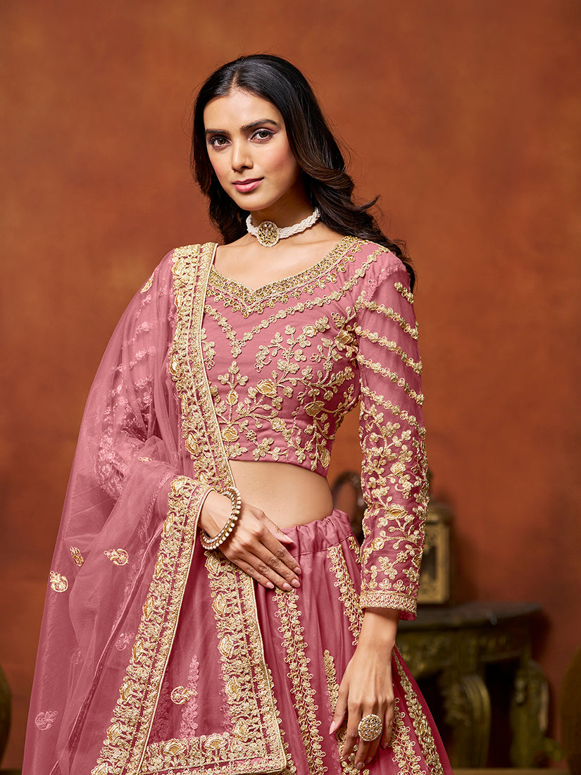 Monjolika Fashion Net Pink Embroidered Designer Lehenga Choli | Grocsy