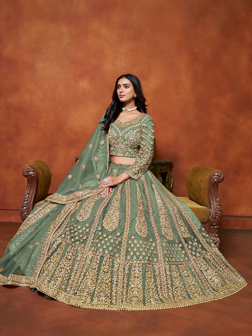 Monjolika Fashion Net Green Embroidered Designer Lehenga Choli | Grocsy