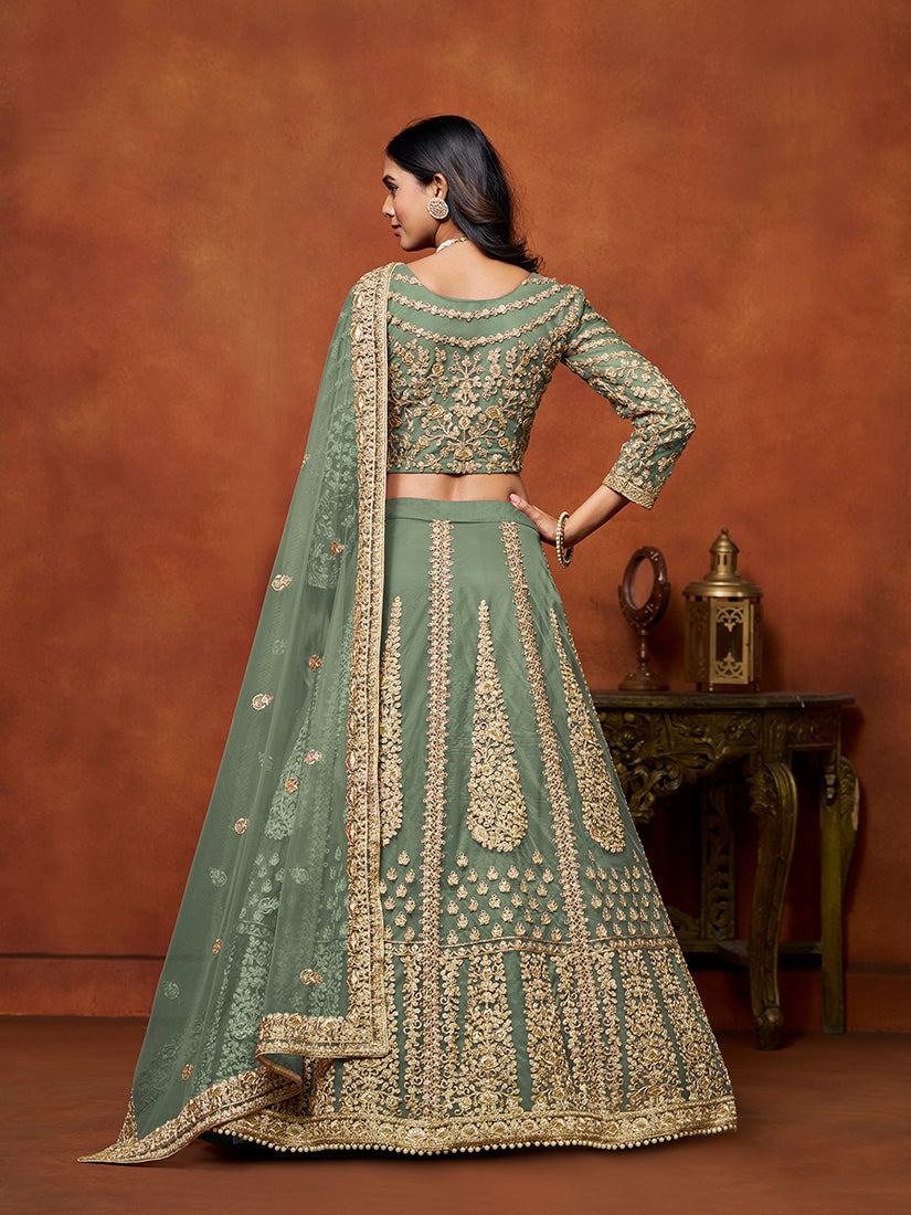 Monjolika Fashion Net Green Embroidered Designer Lehenga Choli | Grocsy