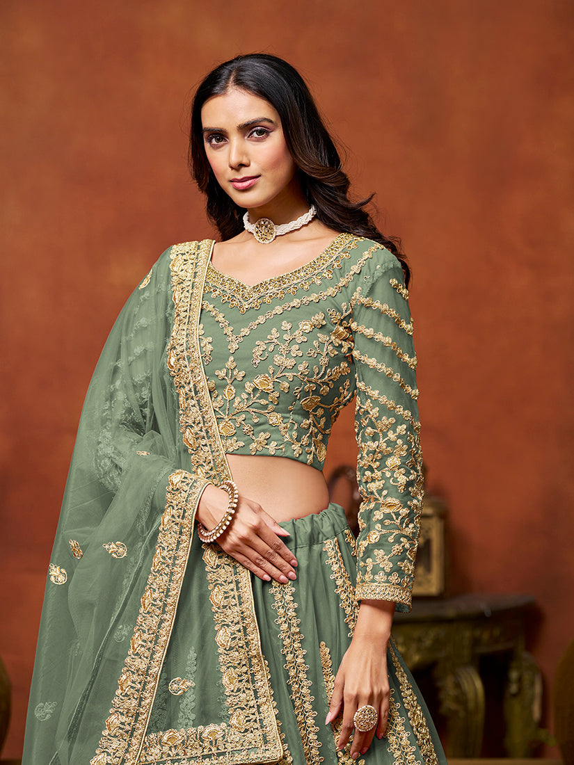 Monjolika Fashion Net Green Embroidered Designer Lehenga Choli | Grocsy