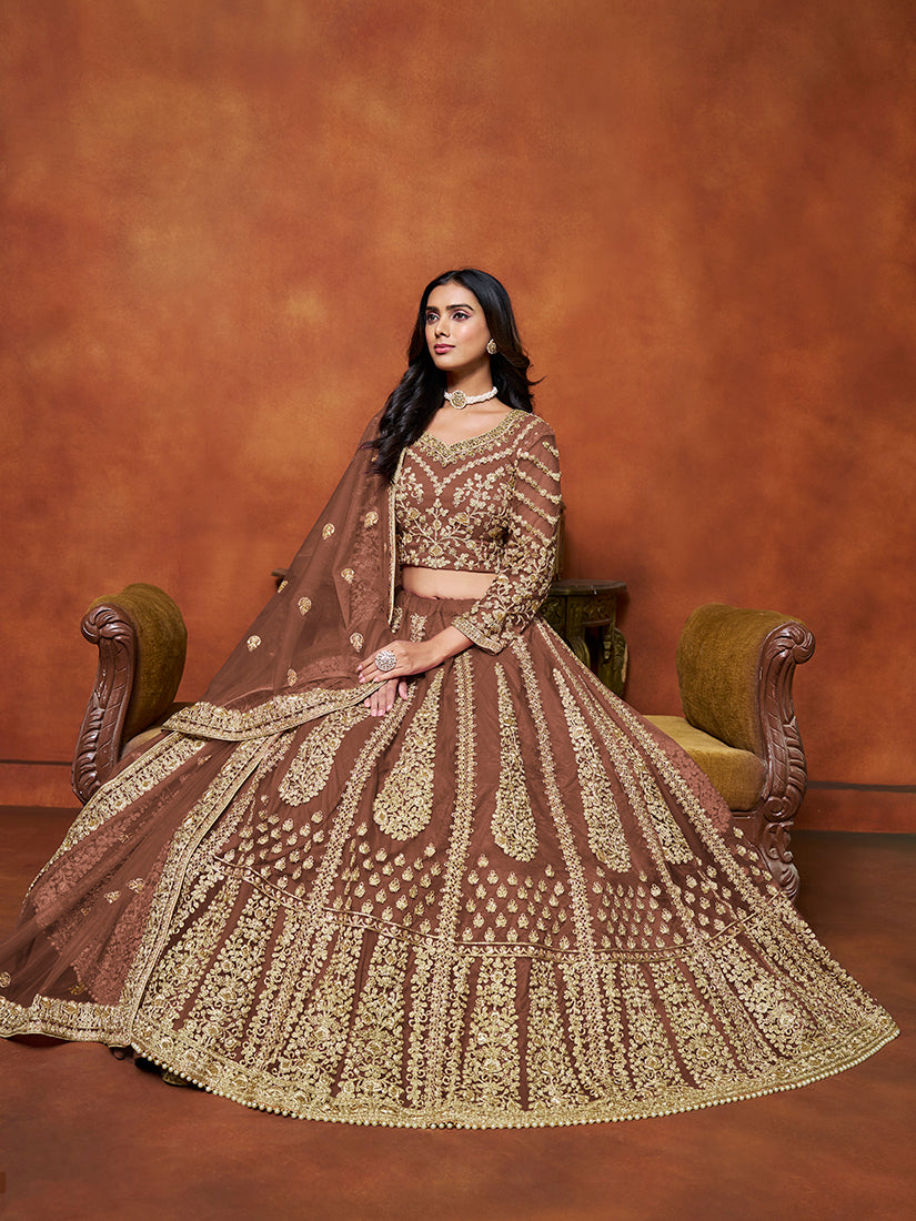 Monjolika Fashion Net Brown Embroidered Designer Lehenga Choli | Grocsy
