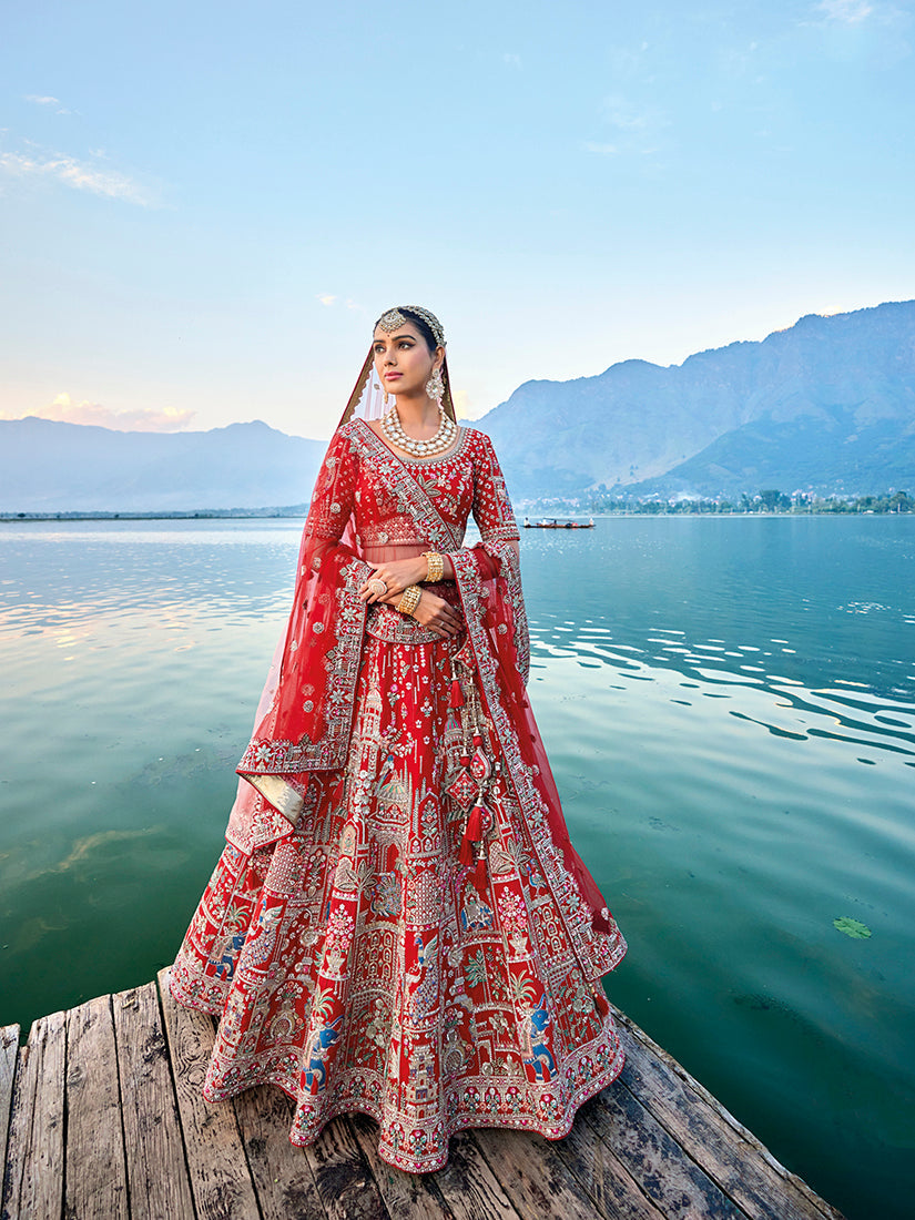 Monjolika Fashion Red Silk Embroidered Sequins Thread And Zari Work Bridal Trendy Lehenga Choli | Grocsy