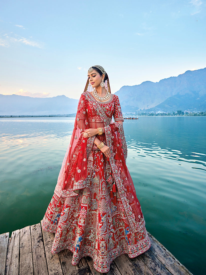 Monjolika Fashion Red Silk Embroidered Sequins Thread And Zari Work Bridal Trendy Lehenga Choli | Grocsy