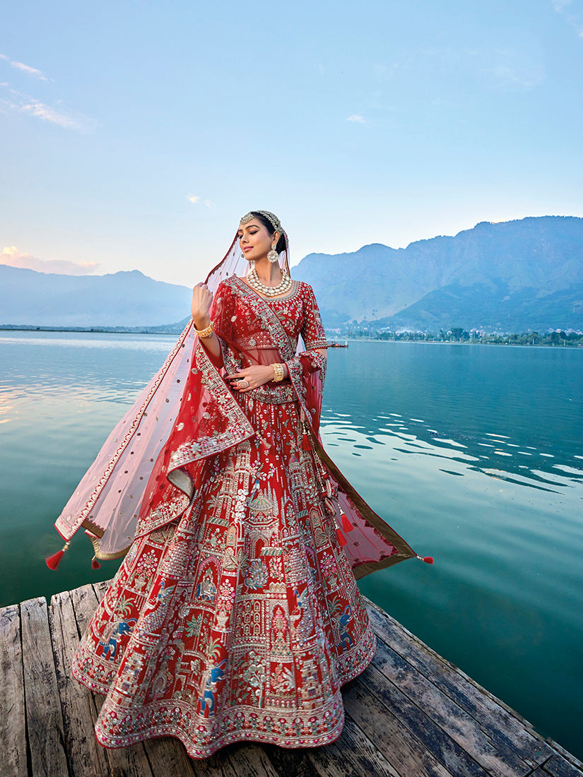 Monjolika Fashion Red Silk Embroidered Sequins Thread And Zari Work Bridal Trendy Lehenga Choli | Grocsy