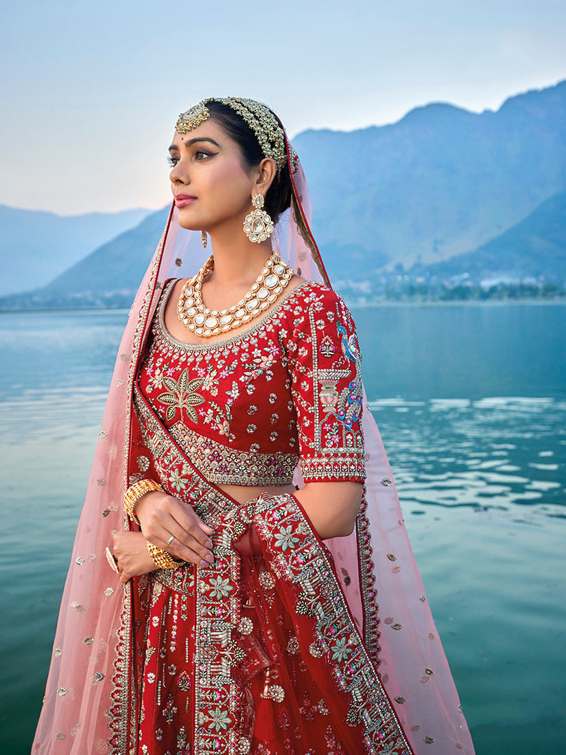 Monjolika Fashion Red Silk Embroidered Sequins Thread And Zari Work Bridal Trendy Lehenga Choli | Grocsy