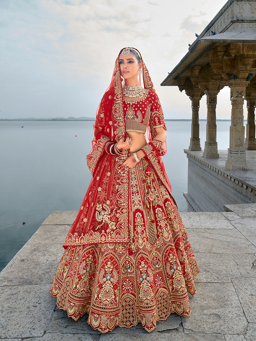 Monjolika Fashion Red Silk Embroidered Sequins Thread And Zari Work Bridal Trendy Lehenga Choli | Grocsy