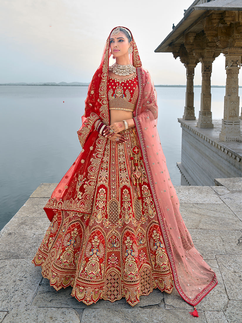 Monjolika Fashion Red Silk Embroidered Sequins Thread And Zari Work Bridal Trendy Lehenga Choli | Grocsy