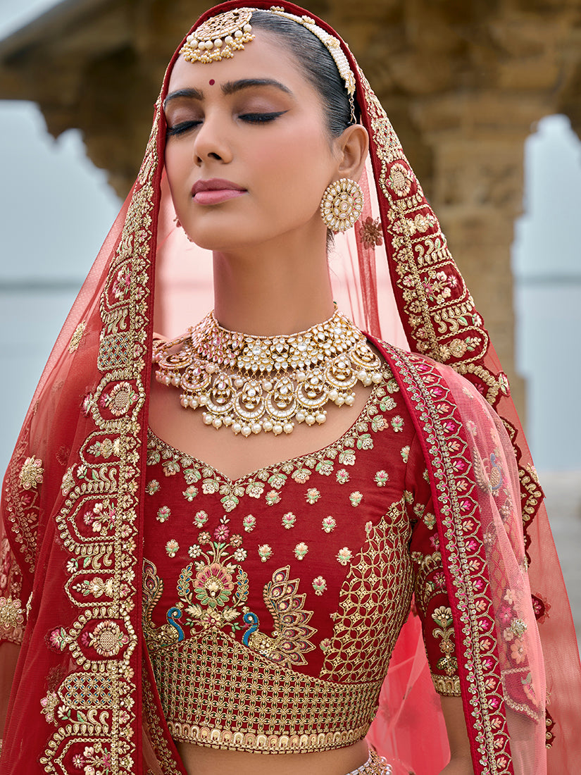 Monjolika Fashion Red Silk Embroidered Sequins Thread And Zari Work Bridal Trendy Lehenga Choli | Grocsy