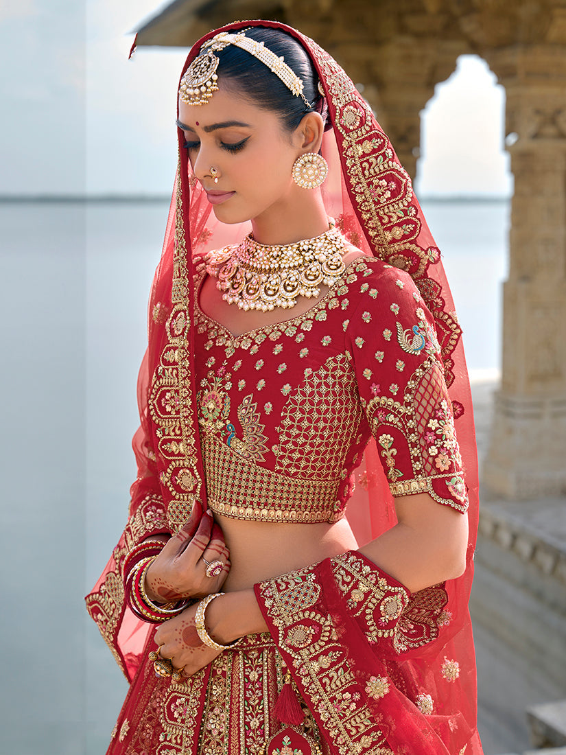 Monjolika Fashion Red Silk Embroidered Sequins Thread And Zari Work Bridal Trendy Lehenga Choli | Grocsy