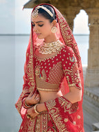 Monjolika Fashion Red Silk Embroidered Sequins Thread And Zari Work Bridal Trendy Lehenga Choli | Grocsy