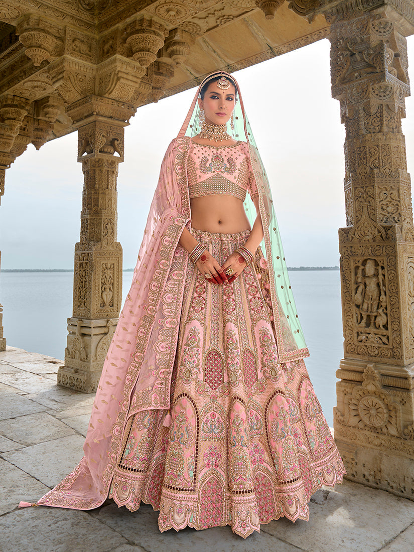 Monjolika Fashion Light Pink Silk Embroidered Sequins Thread And Zari Work Bridal Trendy Lehenga Choli | Grocsy