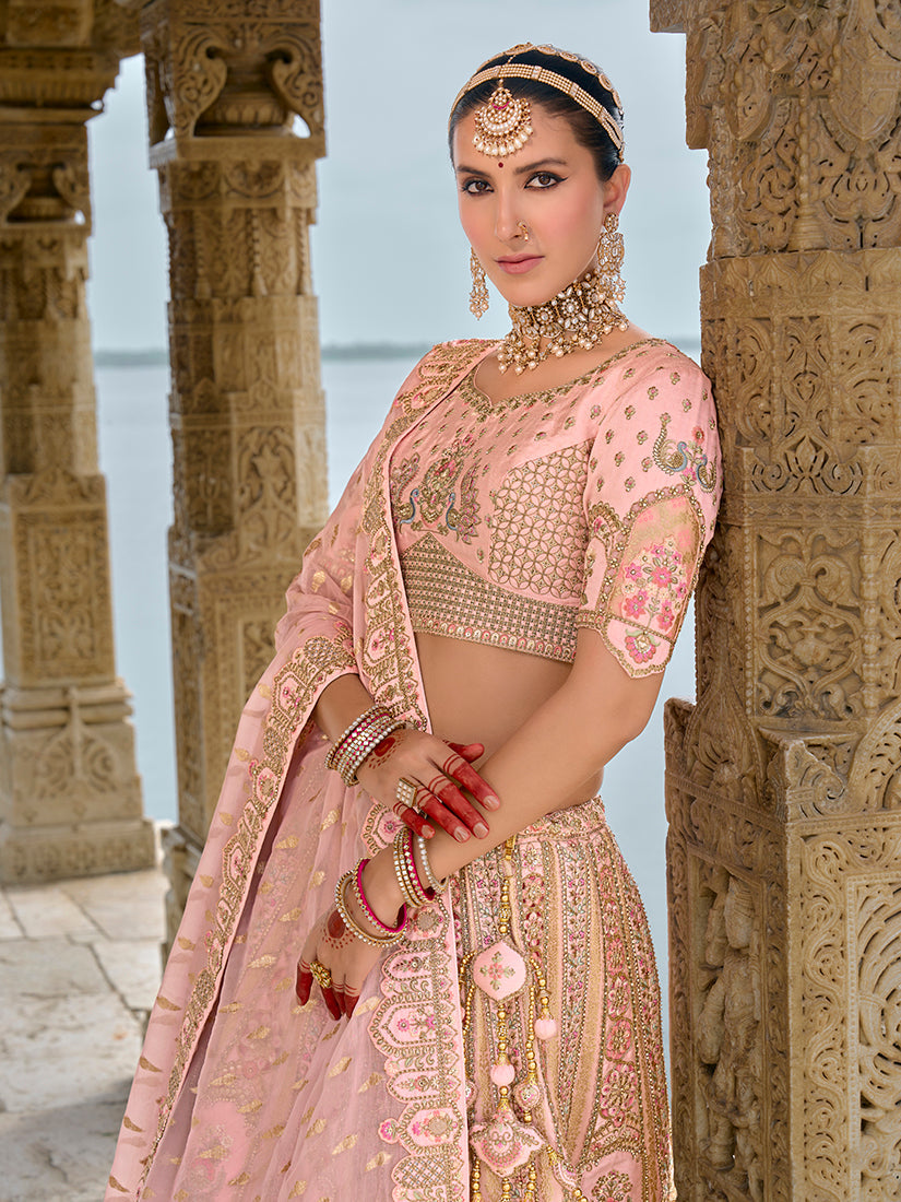 Monjolika Fashion Light Pink Silk Embroidered Sequins Thread And Zari Work Bridal Trendy Lehenga Choli | Grocsy