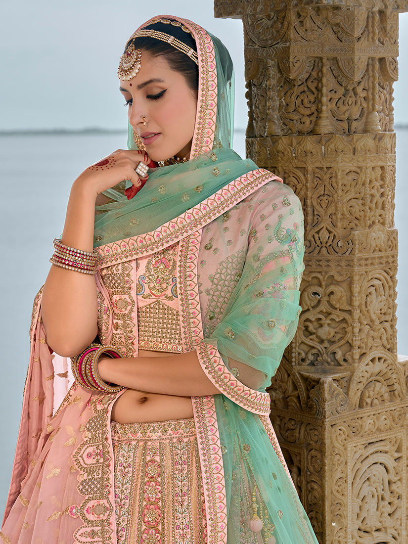 Monjolika Fashion Light Pink Silk Embroidered Sequins Thread And Zari Work Bridal Trendy Lehenga Choli | Grocsy