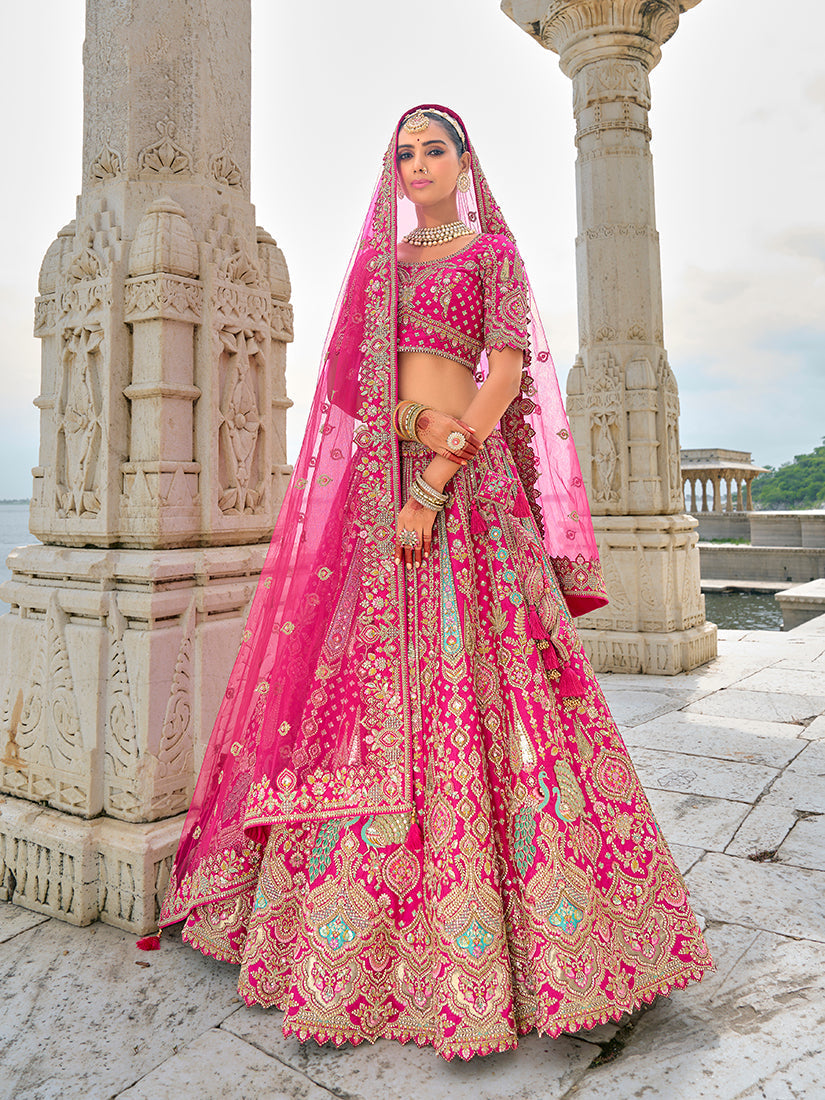 Monjolika Fashion Rani Pink Silk Embroidered Sequins Thread And Zari Work Bridal Trendy Lehenga Choli | Grocsy
