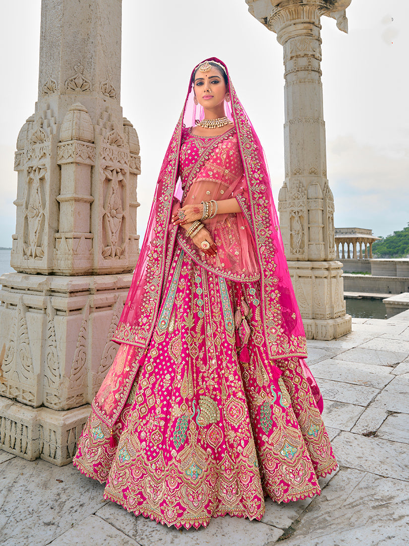 Monjolika Fashion Rani Pink Silk Embroidered Sequins Thread And Zari Work Bridal Trendy Lehenga Choli | Grocsy