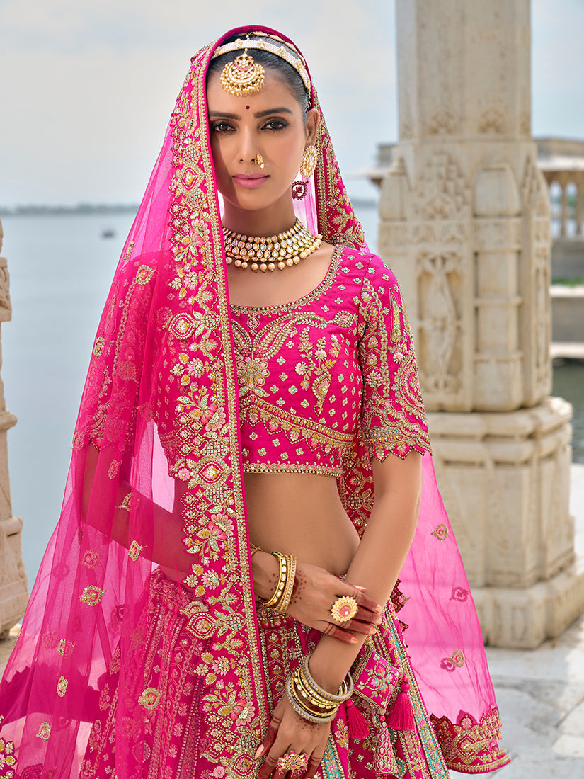 Monjolika Fashion Rani Pink Silk Embroidered Sequins Thread And Zari Work Bridal Trendy Lehenga Choli | Grocsy