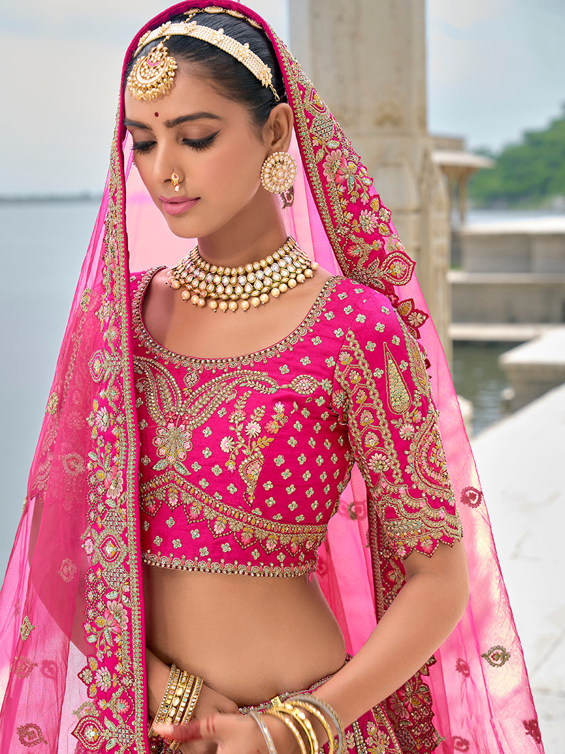 Monjolika Fashion Rani Pink Silk Embroidered Sequins Thread And Zari Work Bridal Trendy Lehenga Choli | Grocsy