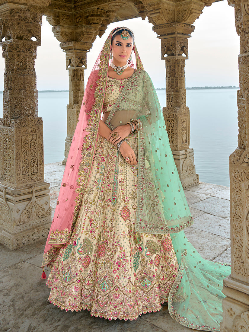 Monjolika Fashion Cream Silk Embroidered Sequins Thread And Zari Work Bridal Trendy Lehenga Choli | Grocsy
