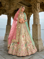 Monjolika Fashion Cream Silk Embroidered Sequins Thread And Zari Work Bridal Trendy Lehenga Choli | Grocsy