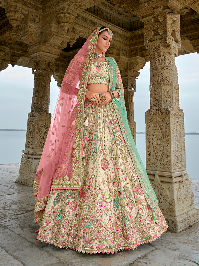 Monjolika Fashion Cream Silk Embroidered Sequins Thread And Zari Work Bridal Trendy Lehenga Choli | Grocsy