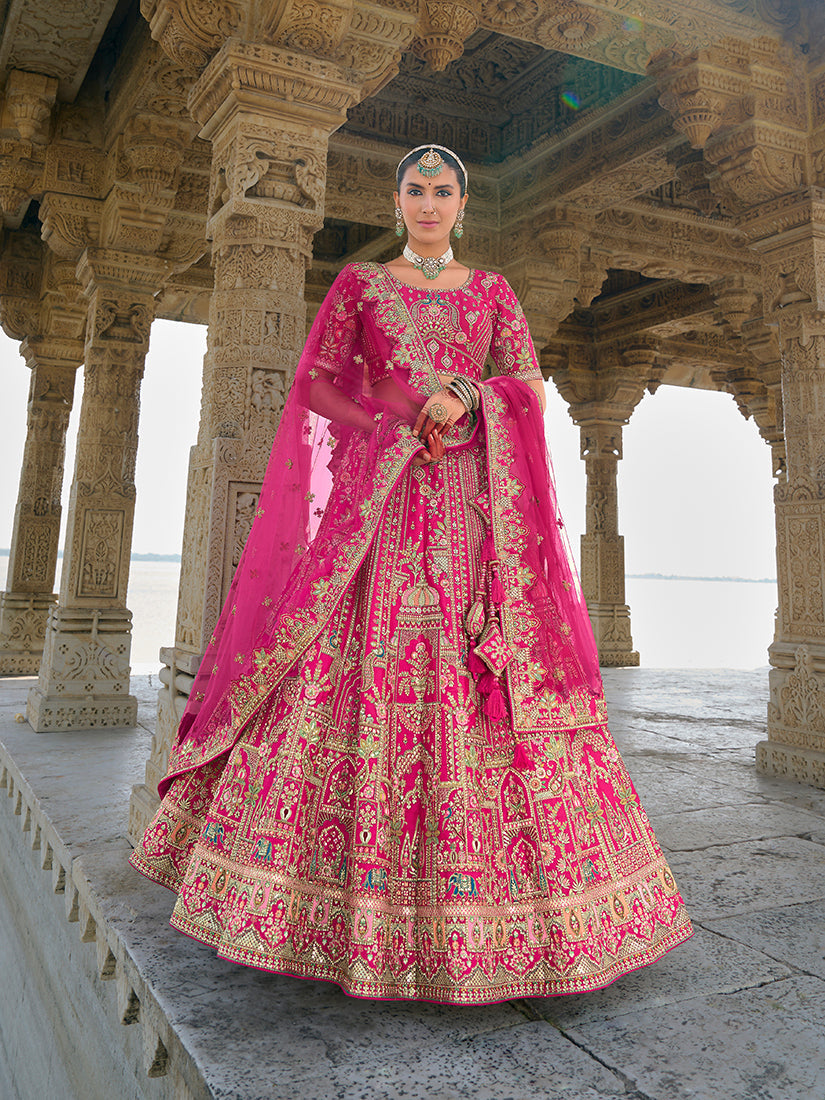 Monjolika Fashion Rani Pink Silk Embroidered Sequins Thread And Zari Work Bridal Trendy Lehenga Choli | Grocsy