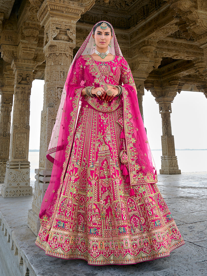 Monjolika Fashion Rani Pink Silk Embroidered Sequins Thread And Zari Work Bridal Trendy Lehenga Choli | Grocsy