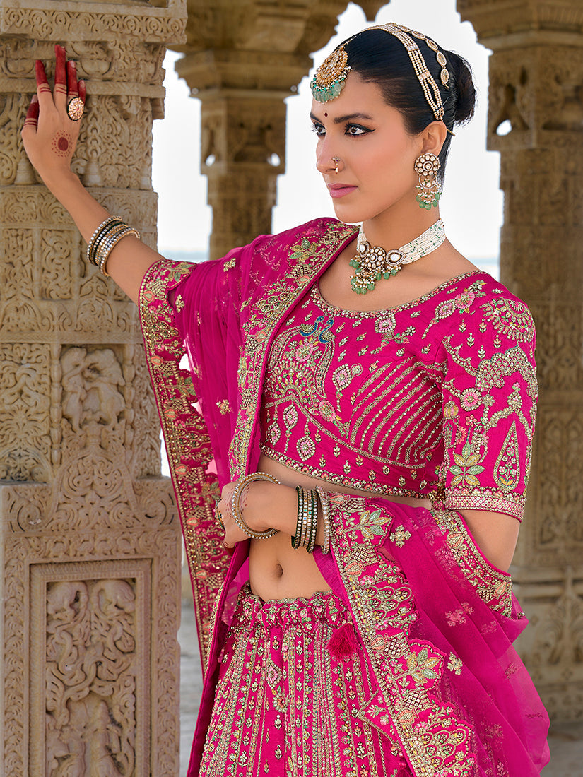 Monjolika Fashion Rani Pink Silk Embroidered Sequins Thread And Zari Work Bridal Trendy Lehenga Choli | Grocsy