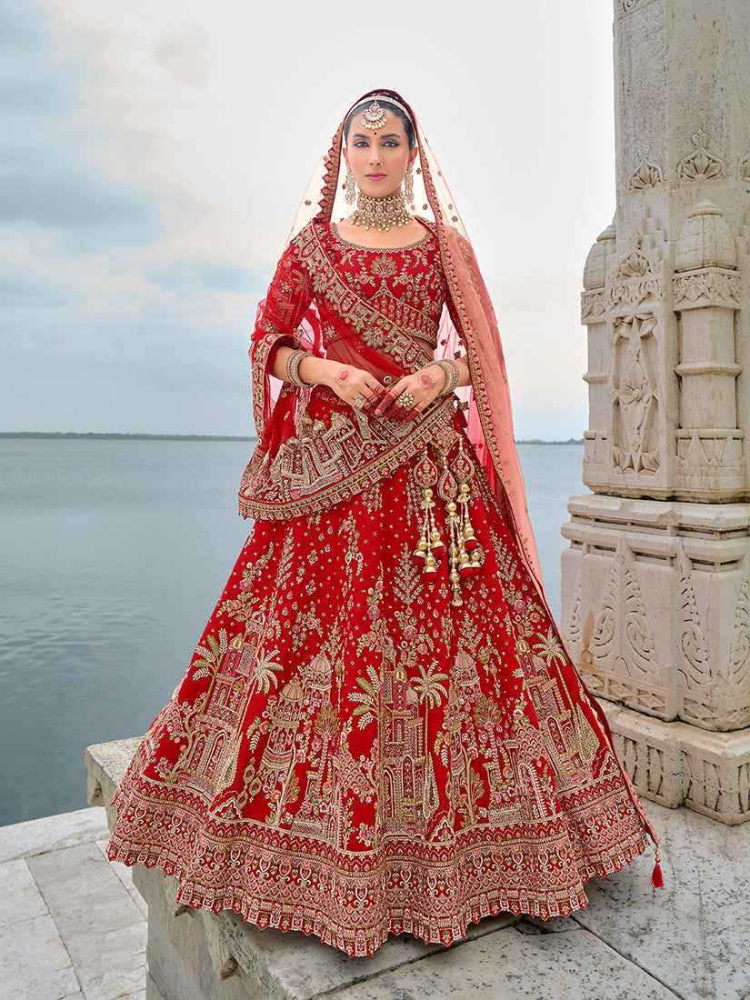 Monjolika Fashion Red Silk Embroidered Sequins Thread And Zari Work Bridal Trendy Lehenga Choli | Grocsy