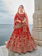 Monjolika Fashion Red Silk Embroidered Sequins Thread And Zari Work Bridal Trendy Lehenga Choli | Grocsy