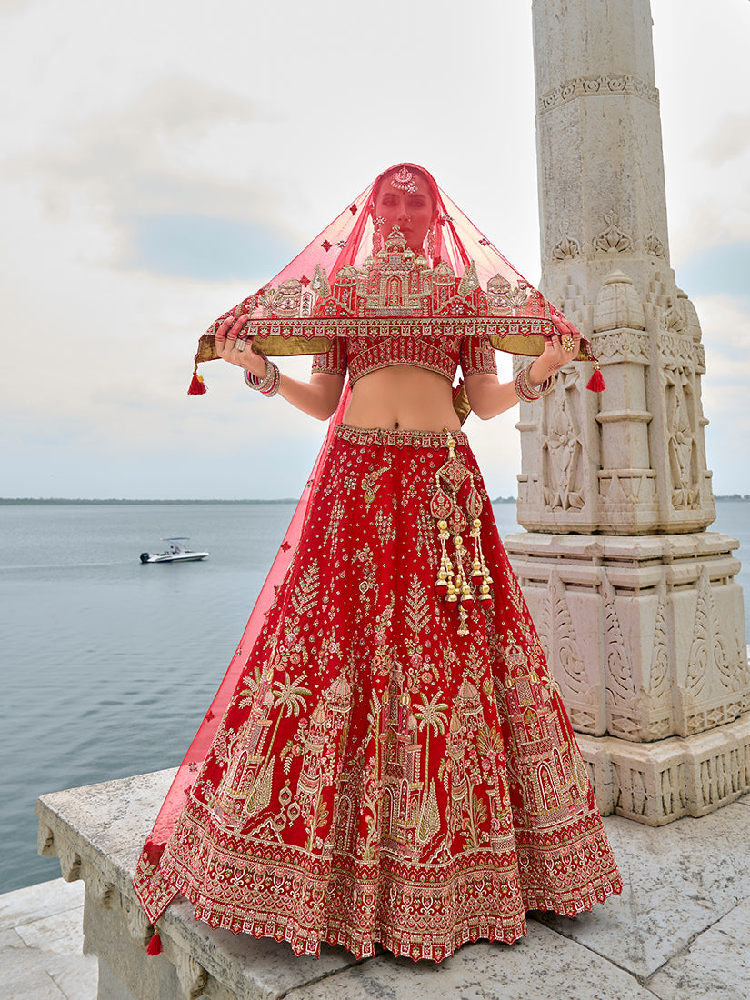Monjolika Fashion Red Silk Embroidered Sequins Thread And Zari Work Bridal Trendy Lehenga Choli | Grocsy